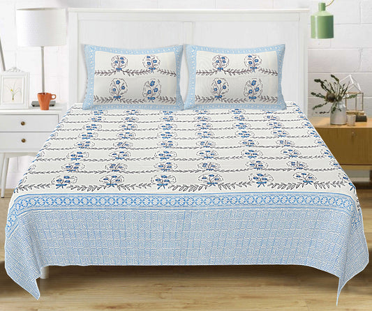 Modern Block Print King Size Bedsheet- Blue