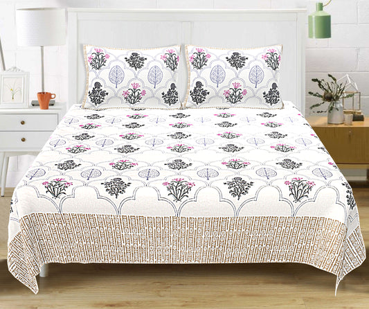 Floral Block Print King Size Bedsheet- Pink
