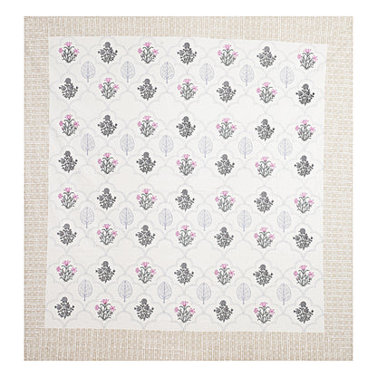 Floral Block Print King Size Bedsheet- Pink