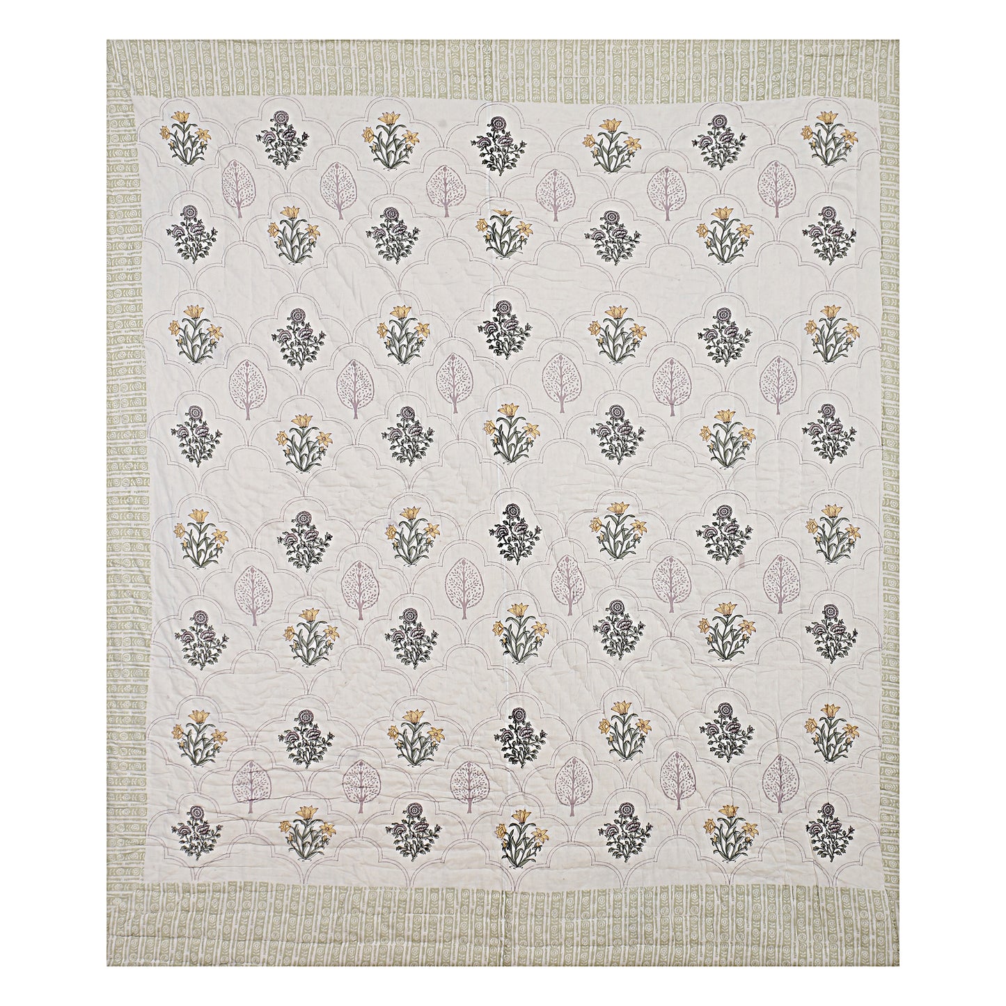 Floral Block Print Soft Jaipuri Razai Quilt- Green