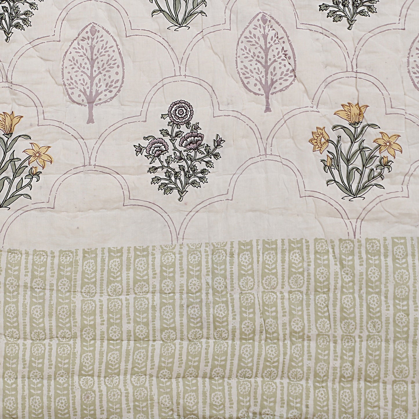 Floral Block Print Soft Jaipuri Razai Quilt- Green