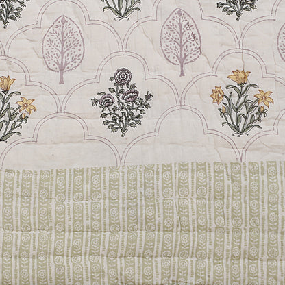Floral Block Print Soft Jaipuri Razai Quilt- Green