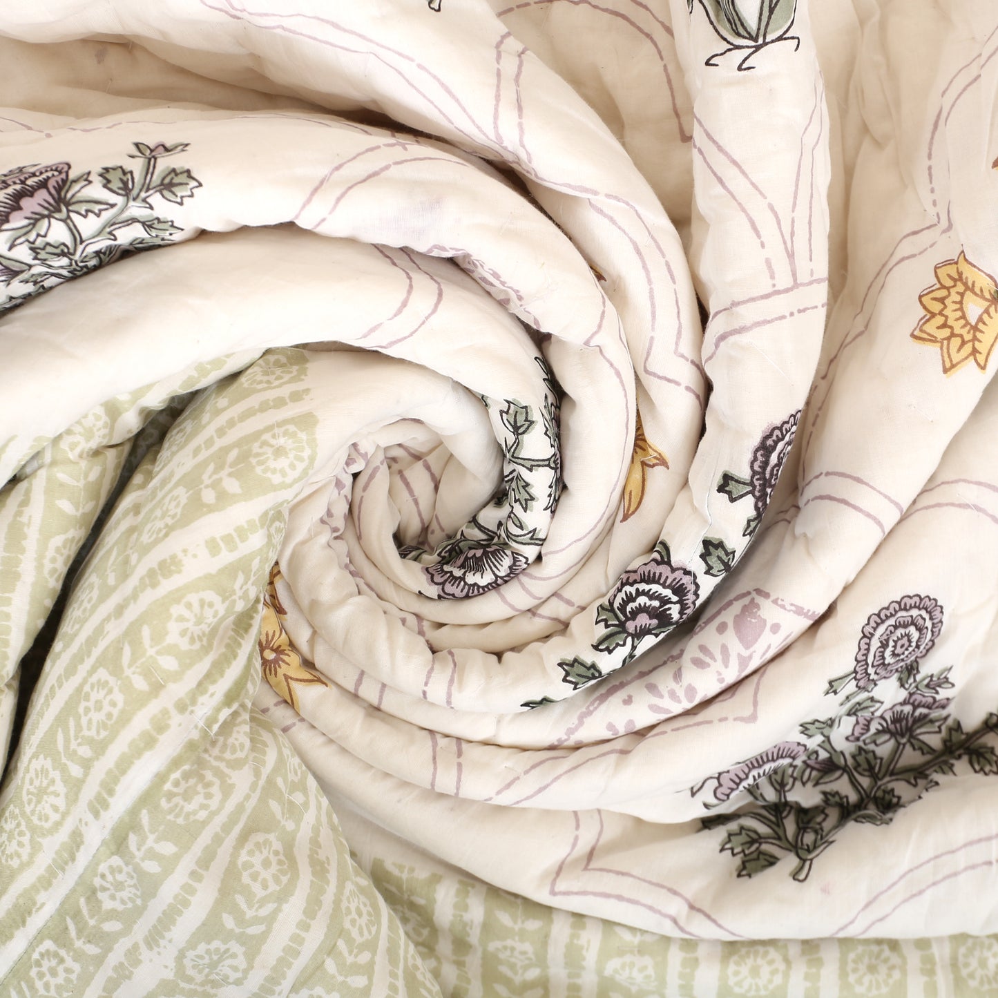 Floral Block Print Soft Jaipuri Razai Quilt- Green
