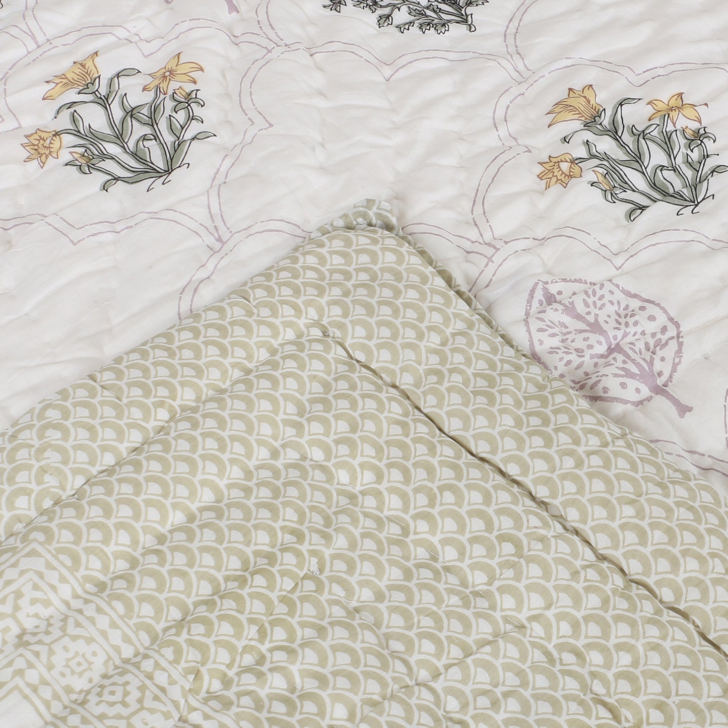 Floral Block Print Soft Jaipuri Razai Quilt- Green