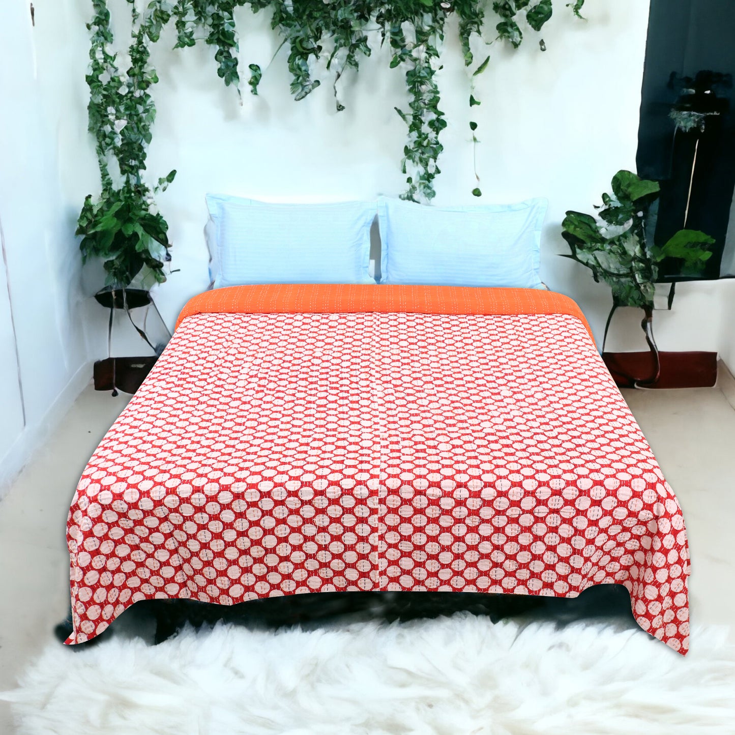 Hand Quilted Kantha Bedcover- Polka Circles