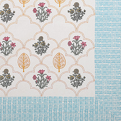 Floral Block Print King Size Bedsheet- Blue