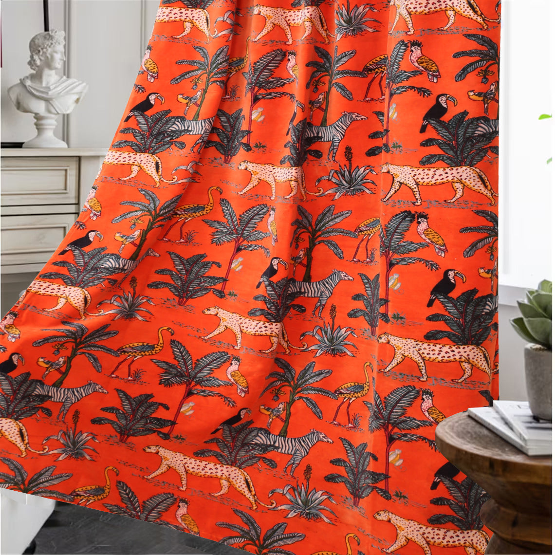 Jungle Print 1 Velvet Curtain- Orange