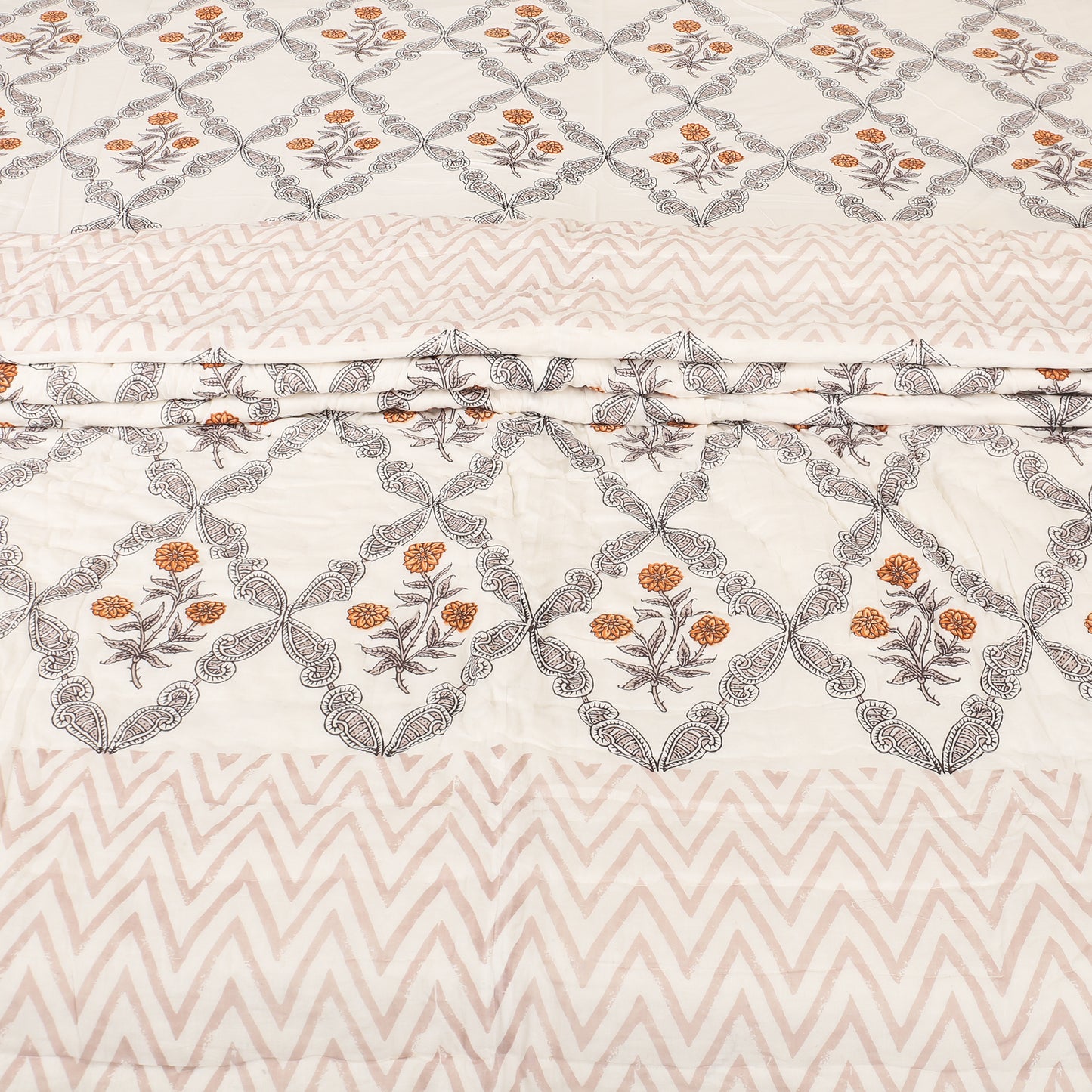 Block Print Bedding Set -Meraki Orange (Bedsheet set with Quilt) Gift Set