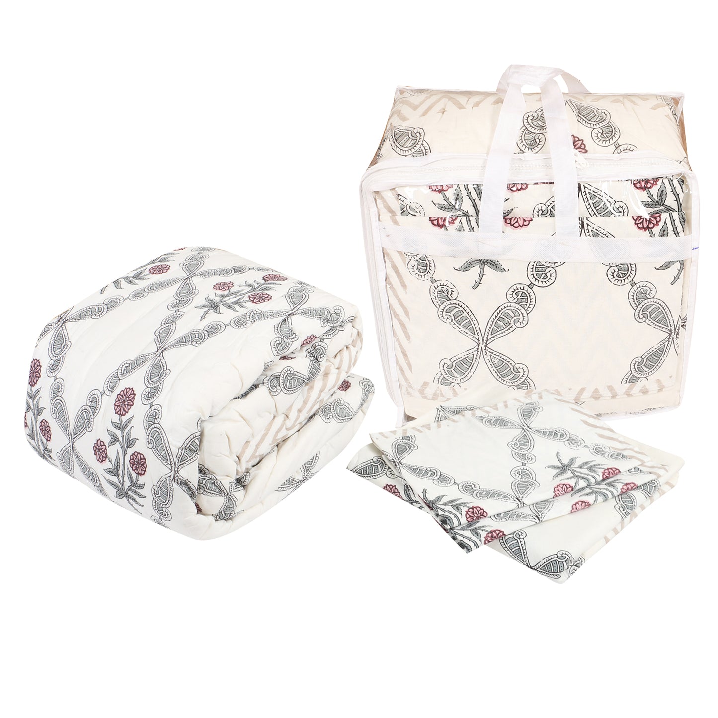 Block Print Bedding Set -Meraki Pink (Bedsheet set with Quilt) Gift Set