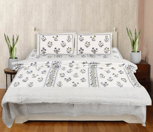 Block Print Bedding Set -Border Blue (Bedsheet set with Quilt) Gift Set