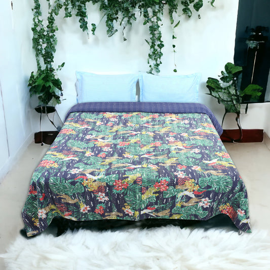 Hand Quilted Kantha Bedcover- Jungle Navy