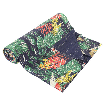 Hand Quilted Kantha Bedcover- Jungle Navy