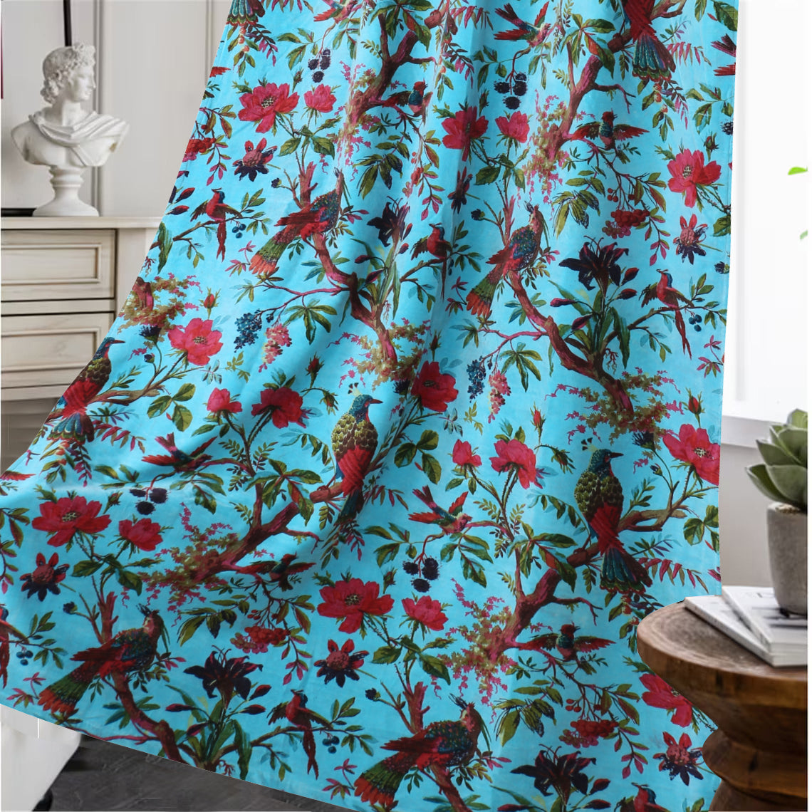 Birds of Paradise Velvet fabric for upholstery- Turquoise Blue