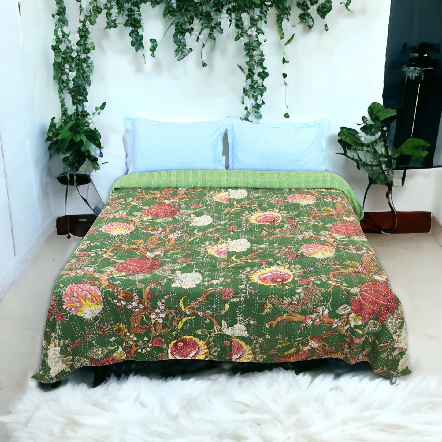 Hand Quilted Kantha Bedcover- Tropical Green