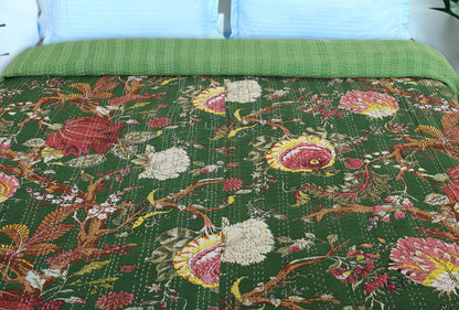 Hand Quilted Kantha Bedcover- Tropical Green