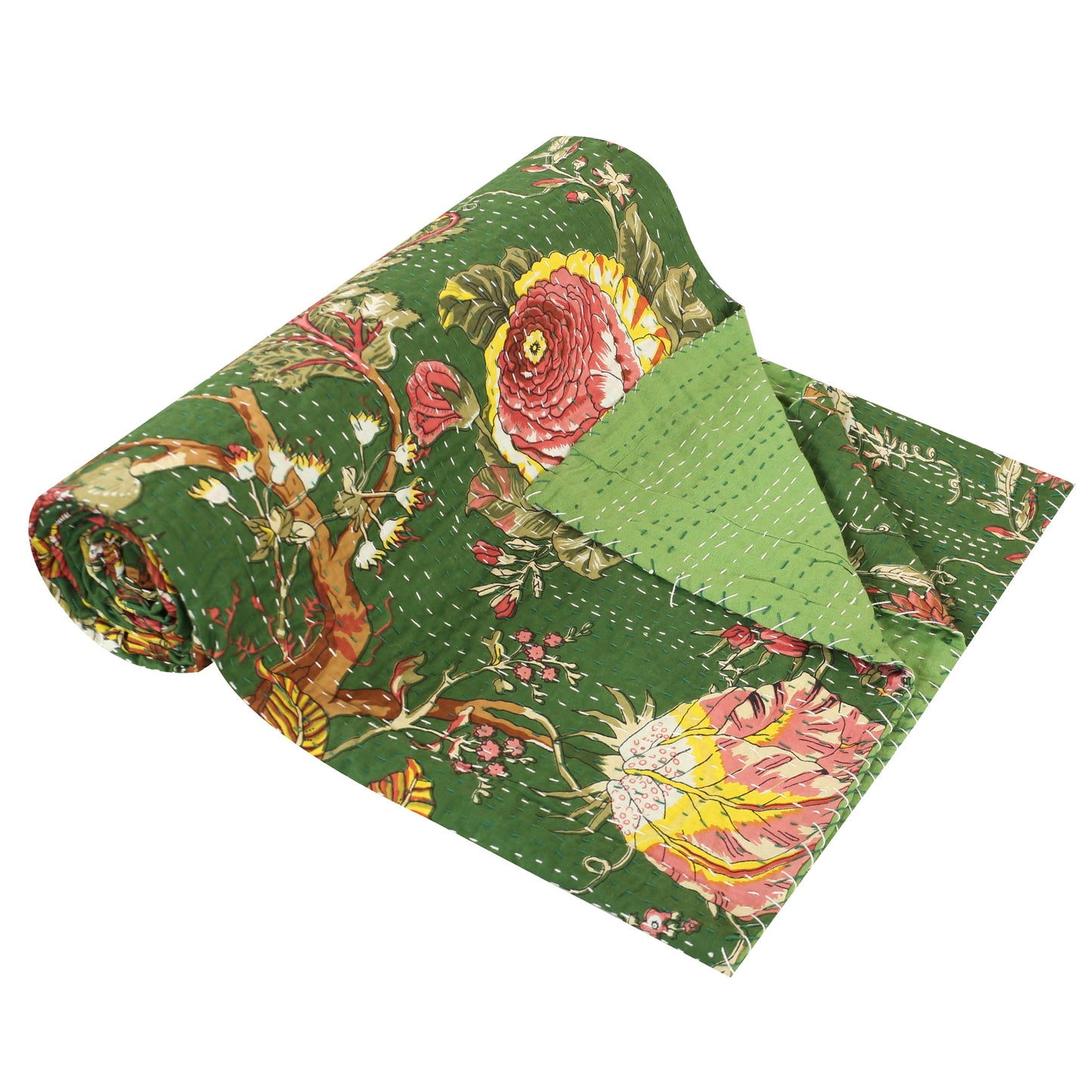 Hand Quilted Kantha Bedcover- Tropical Green