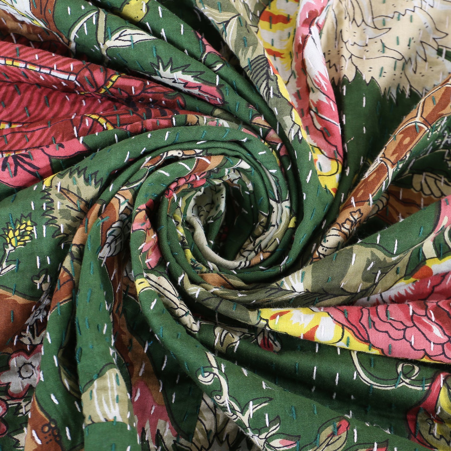 Hand Quilted Kantha Bedcover- Tropical Green