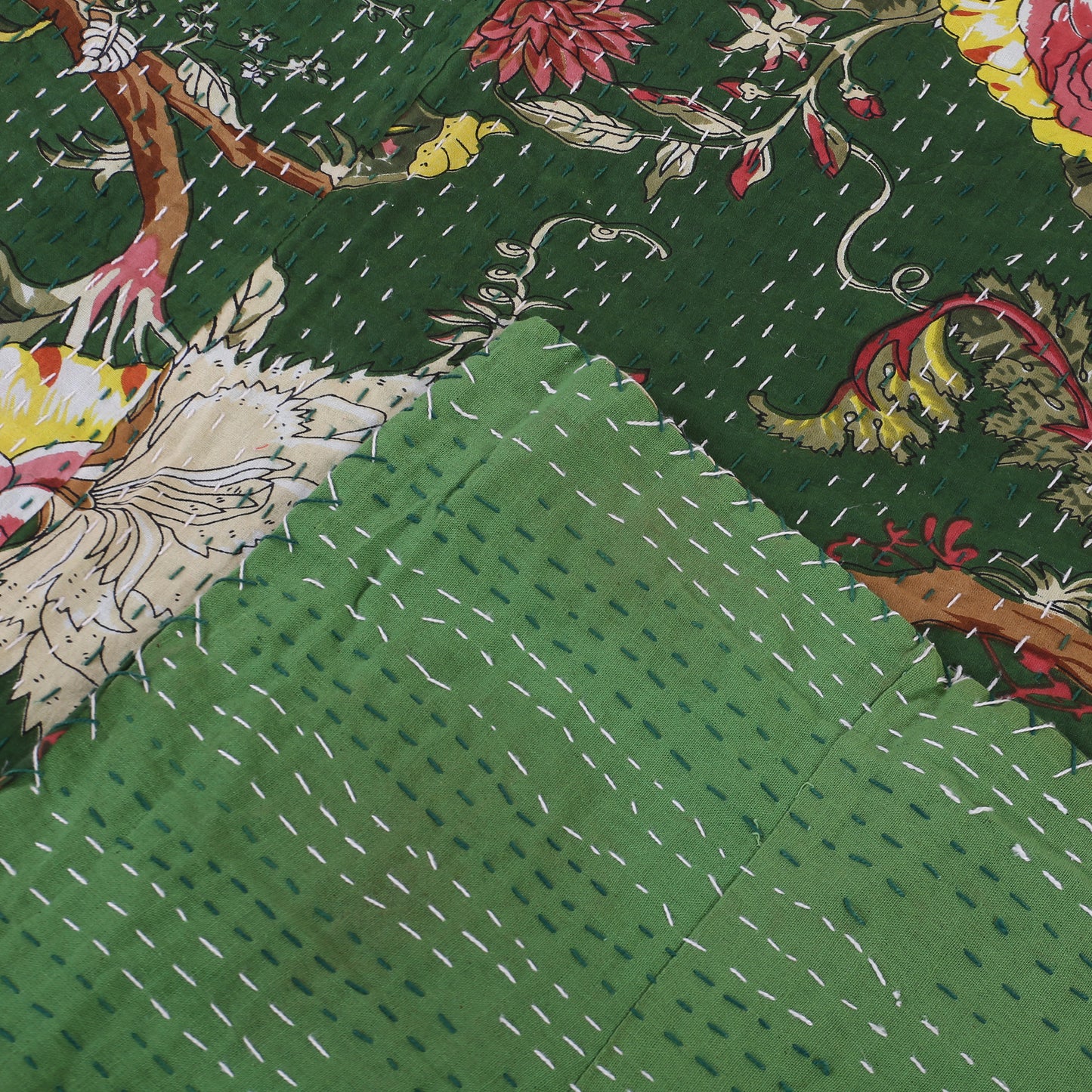 Hand Quilted Kantha Bedcover- Tropical Green