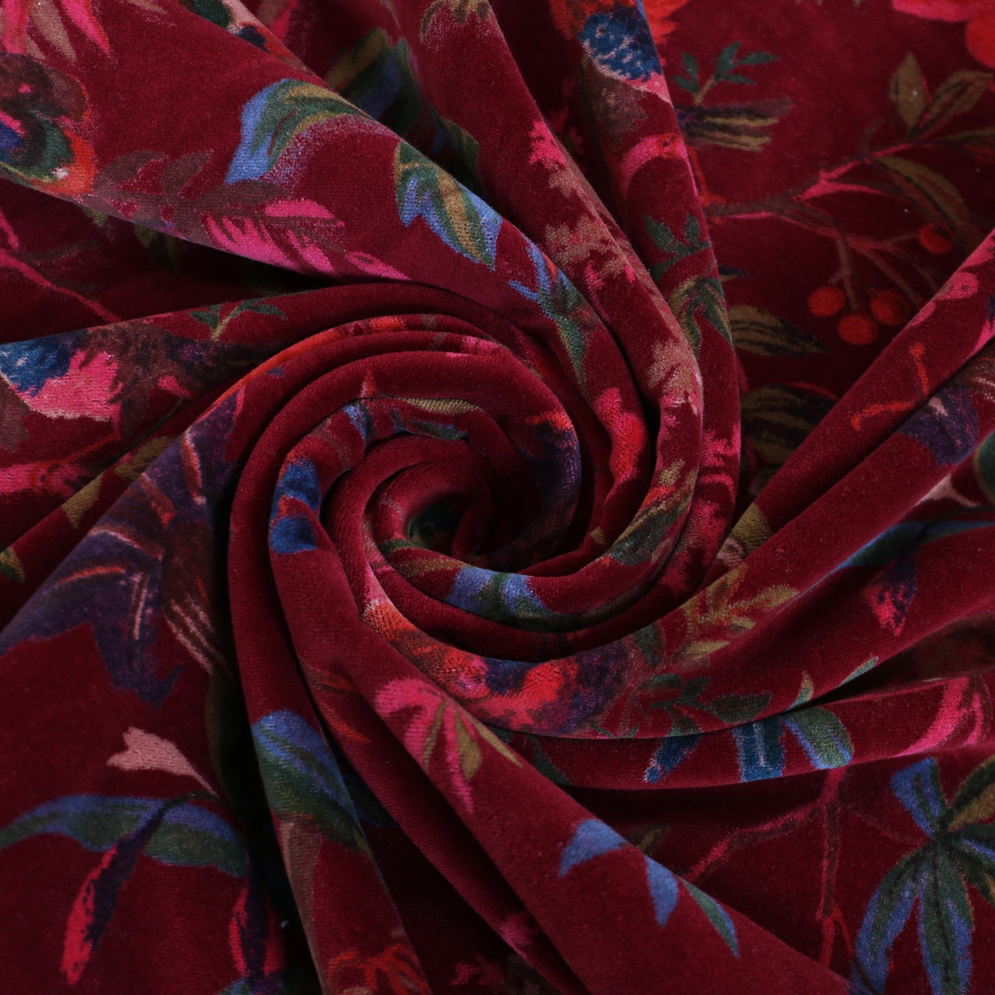 Velvet fabric Birds of Paradise for upholstery- Maroon