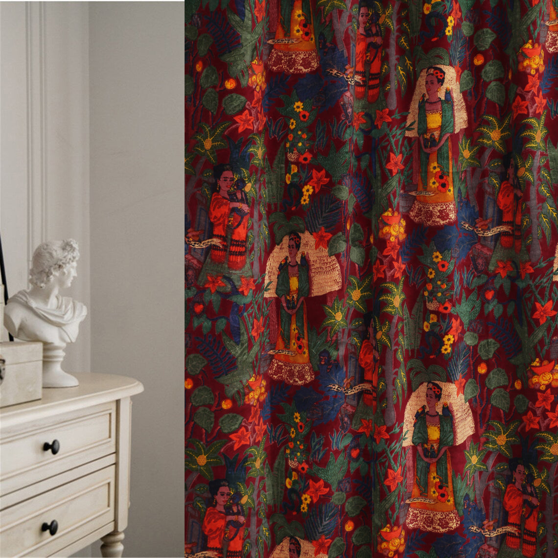 Frida Kahlo Velvet fabric for upholstery-Red