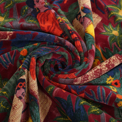 Frida Kahlo Velvet fabric for upholstery-Red