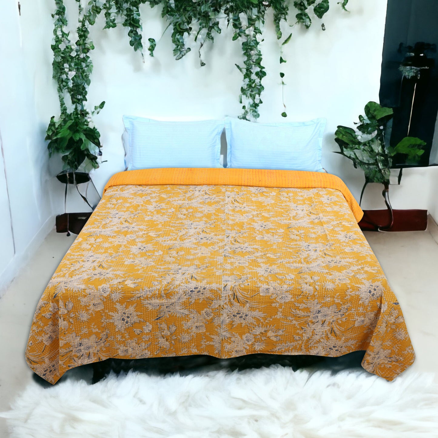 Hand Quilted Kantha Bedcover- Yellow Bells