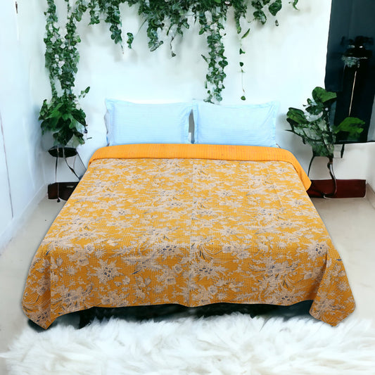 Hand Quilted Kantha Bedcover- Yellow Bells