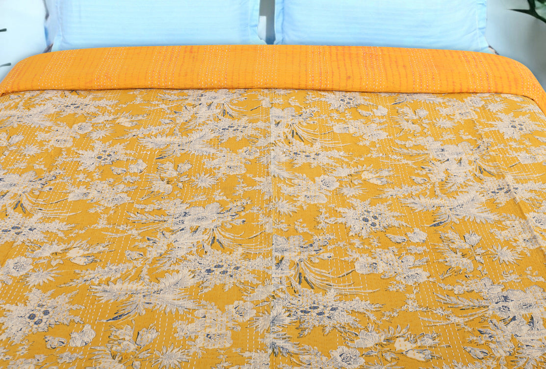 Hand Quilted Kantha Bedcover- Yellow Bells