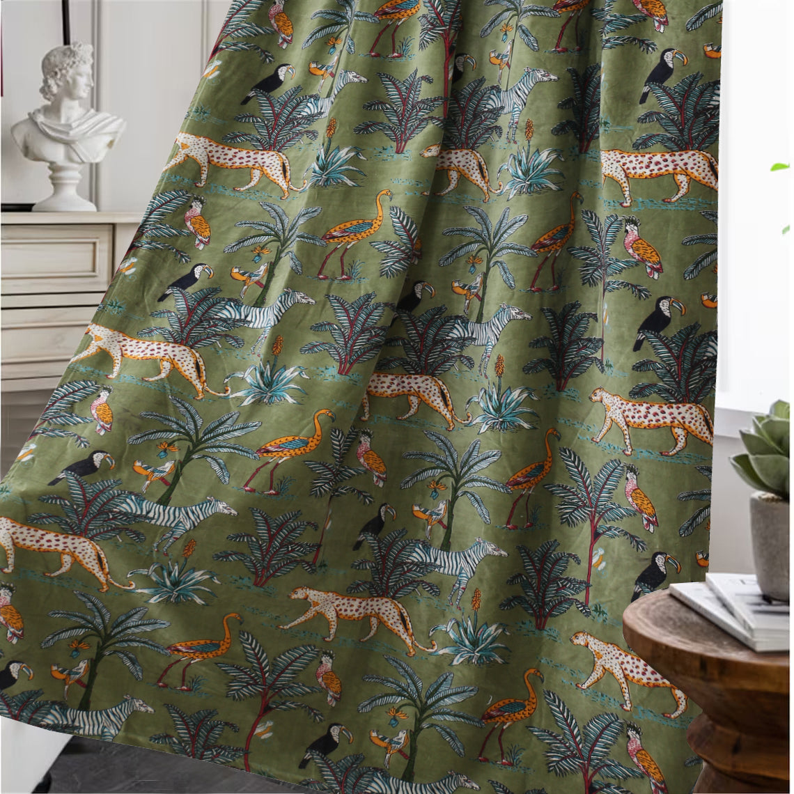 Jungle Print 1 Velvet Curtain- Olive Green