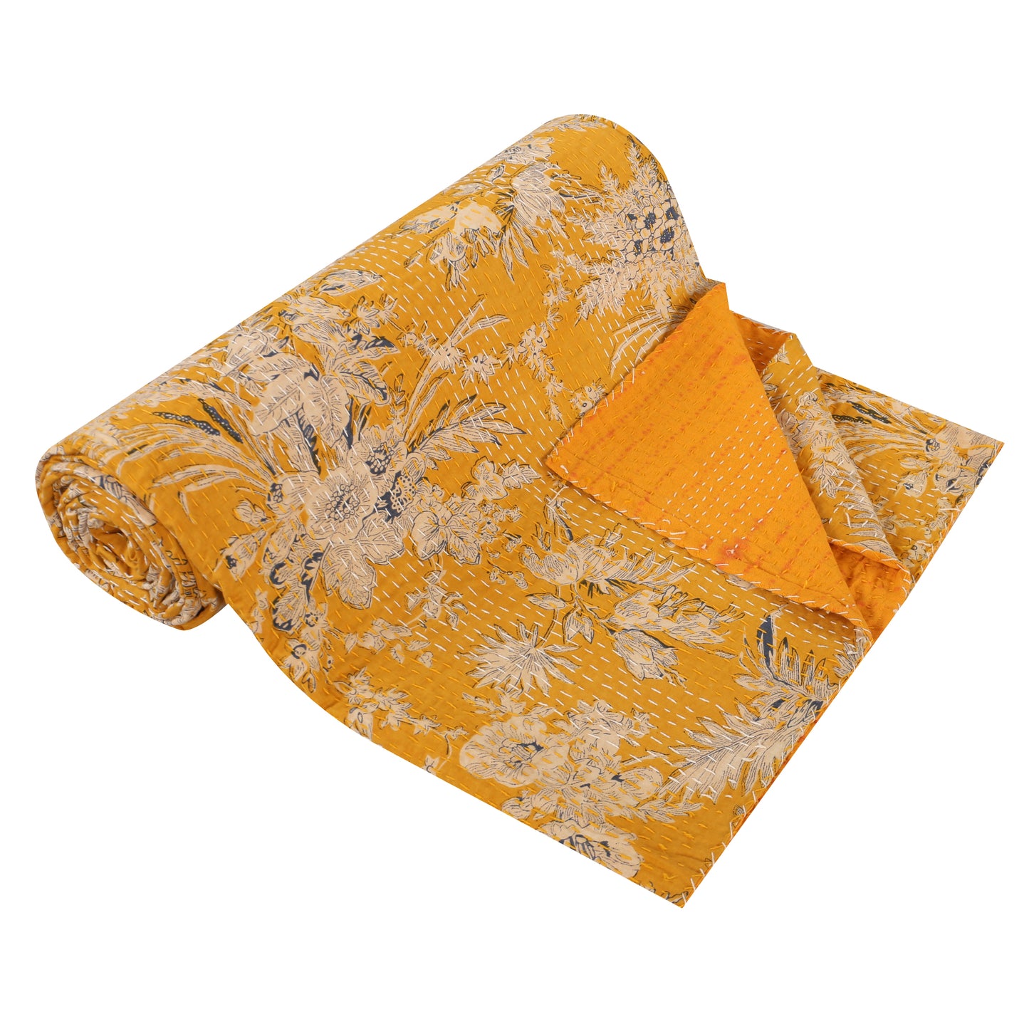 Hand Quilted Kantha Bedcover- Yellow Bells