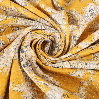 Hand Quilted Kantha Bedcover- Yellow Bells