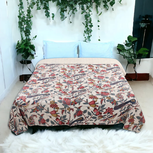 Hand Quilted Kantha Bedcover- Elegant Peacock