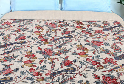 Hand Quilted Kantha Bedcover- Elegant Peacock