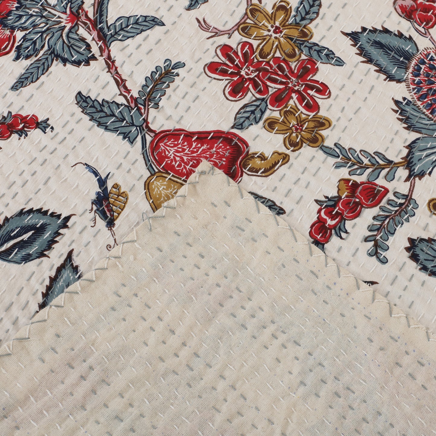 Hand Quilted Kantha Bedcover- Elegant Peacock