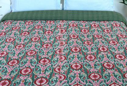 Hand Quilted Kantha Bedcover- Green and Pink Ekat