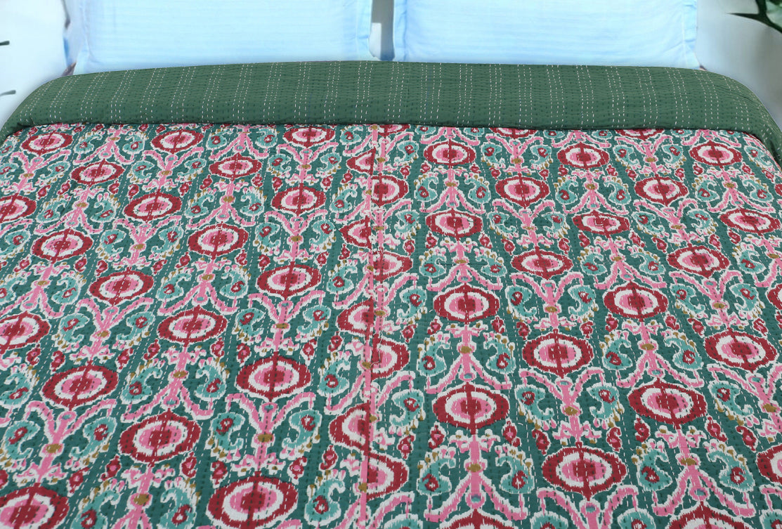 Hand Quilted Kantha Bedcover- Ekat pink and green