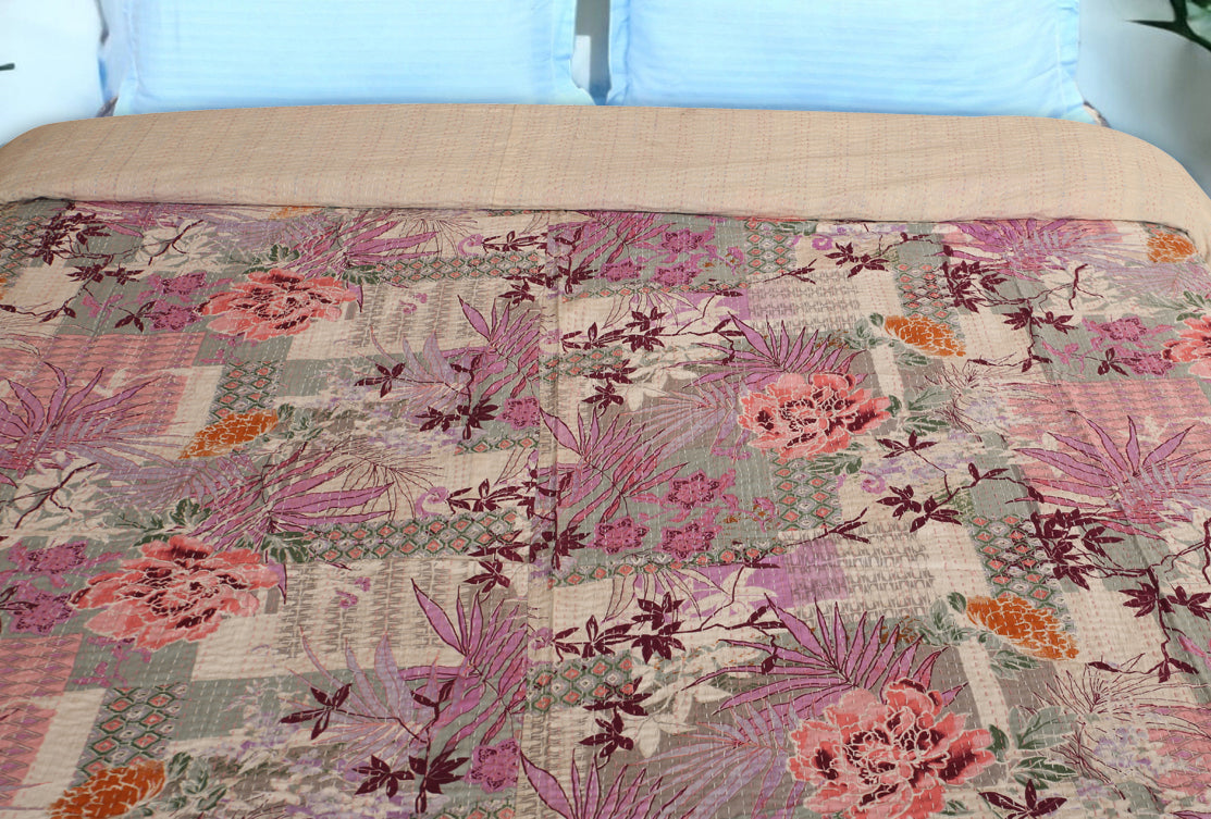 Hand Quilted Kantha Bedcover- Cherry Blossom