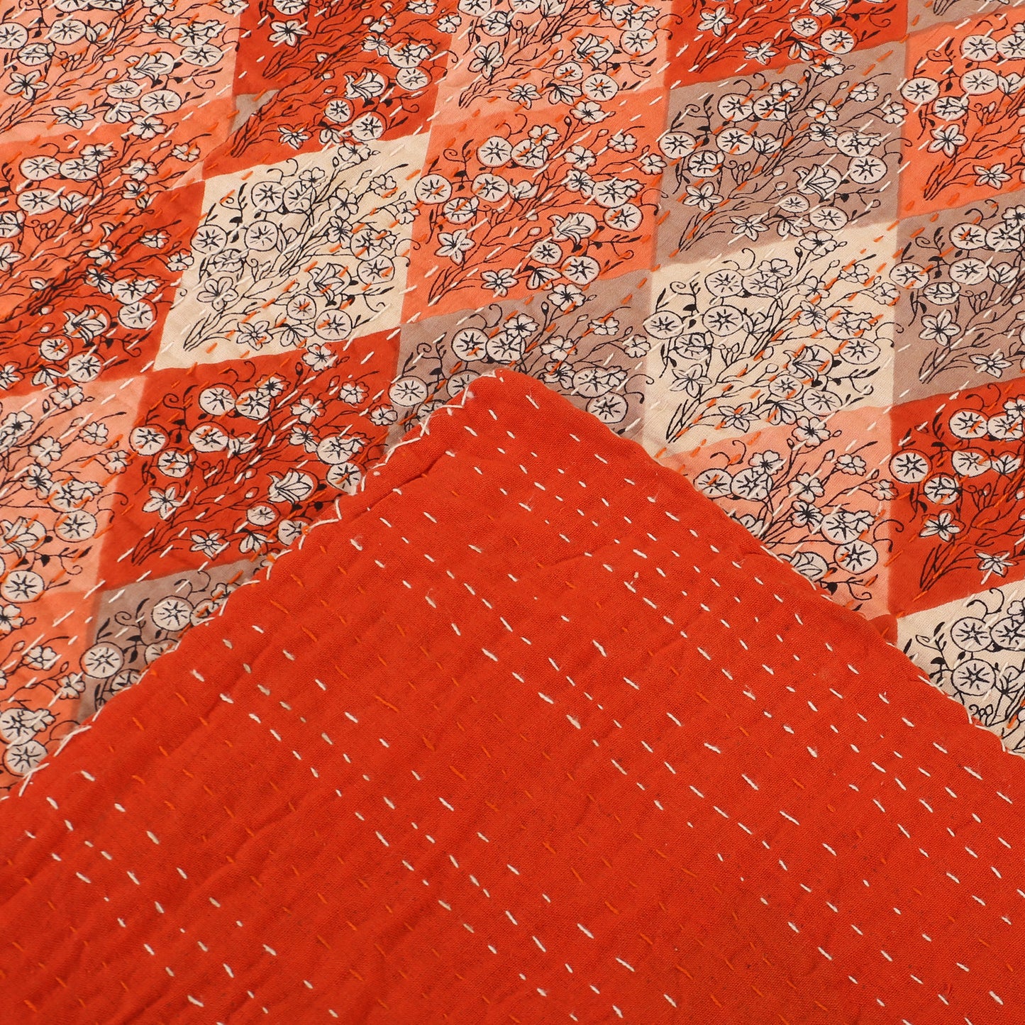 Hand Quilted Kantha Bedcover- Subtle Orange