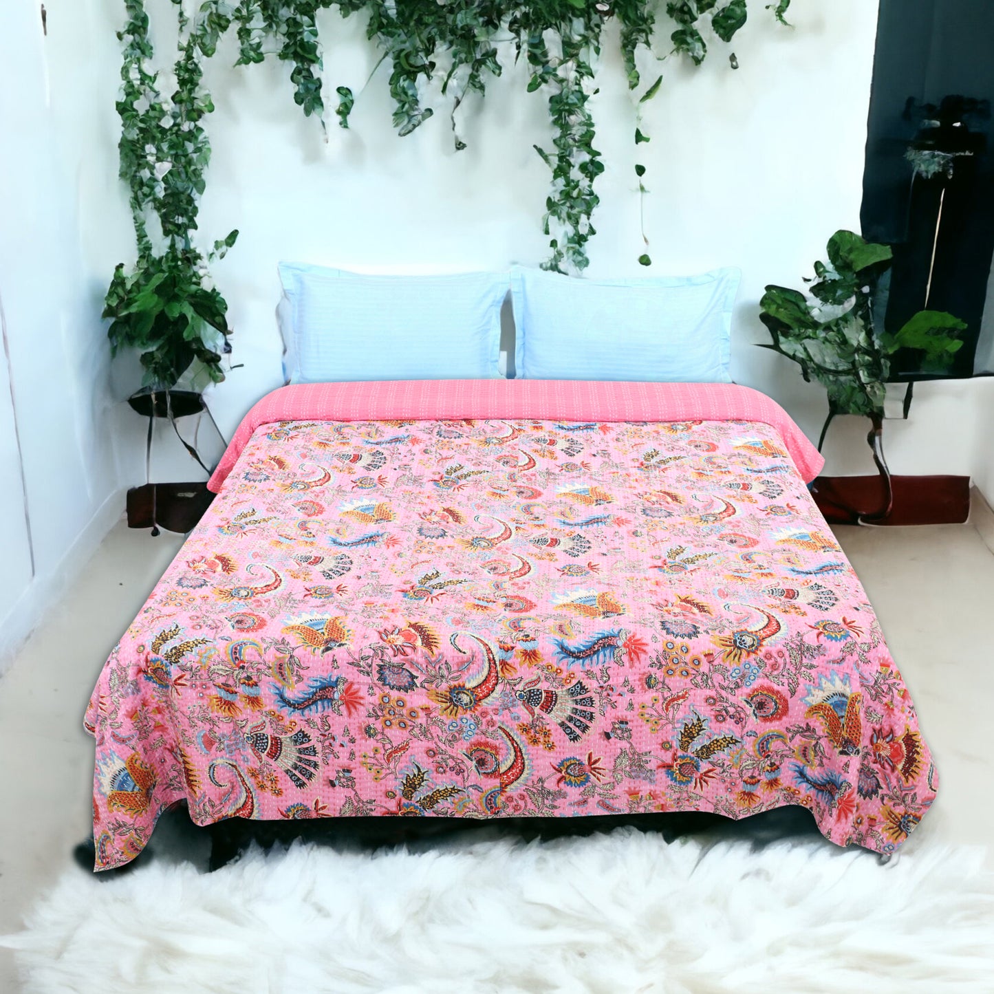 Hand Quilted Kantha Bedcover- Pink Crown