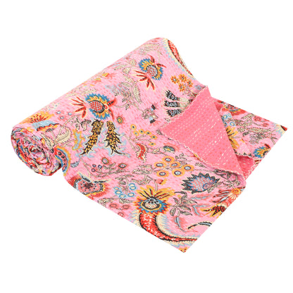 Hand Quilted Kantha Bedcover- Pink Crown