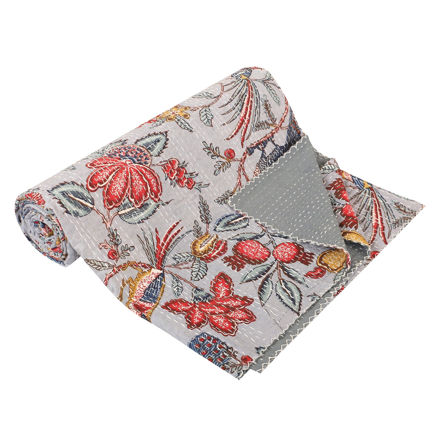 Hand Quilted Kantha Bedcover- Elegant Peacock Grey