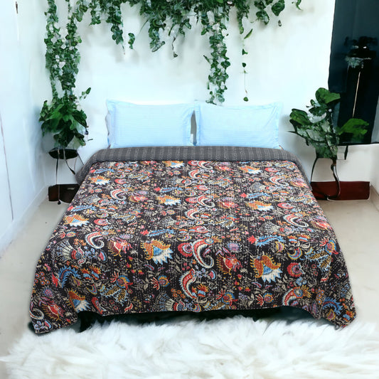 Hand Quilted Kantha Bedcover- Black Crown