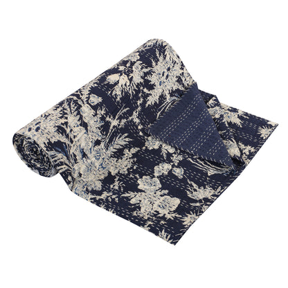 Hand Quilted Kantha Bedcover- Floral Sketch Navy