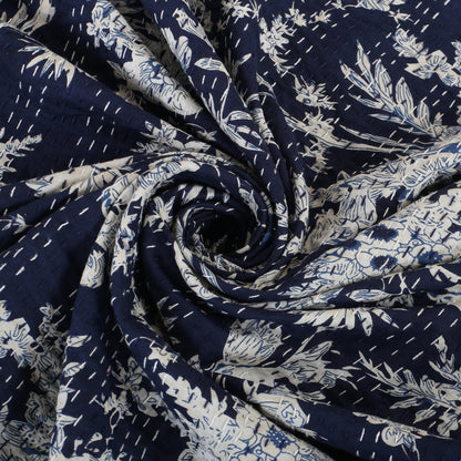Hand Quilted Kantha Bedcover- Floral Sketch Navy