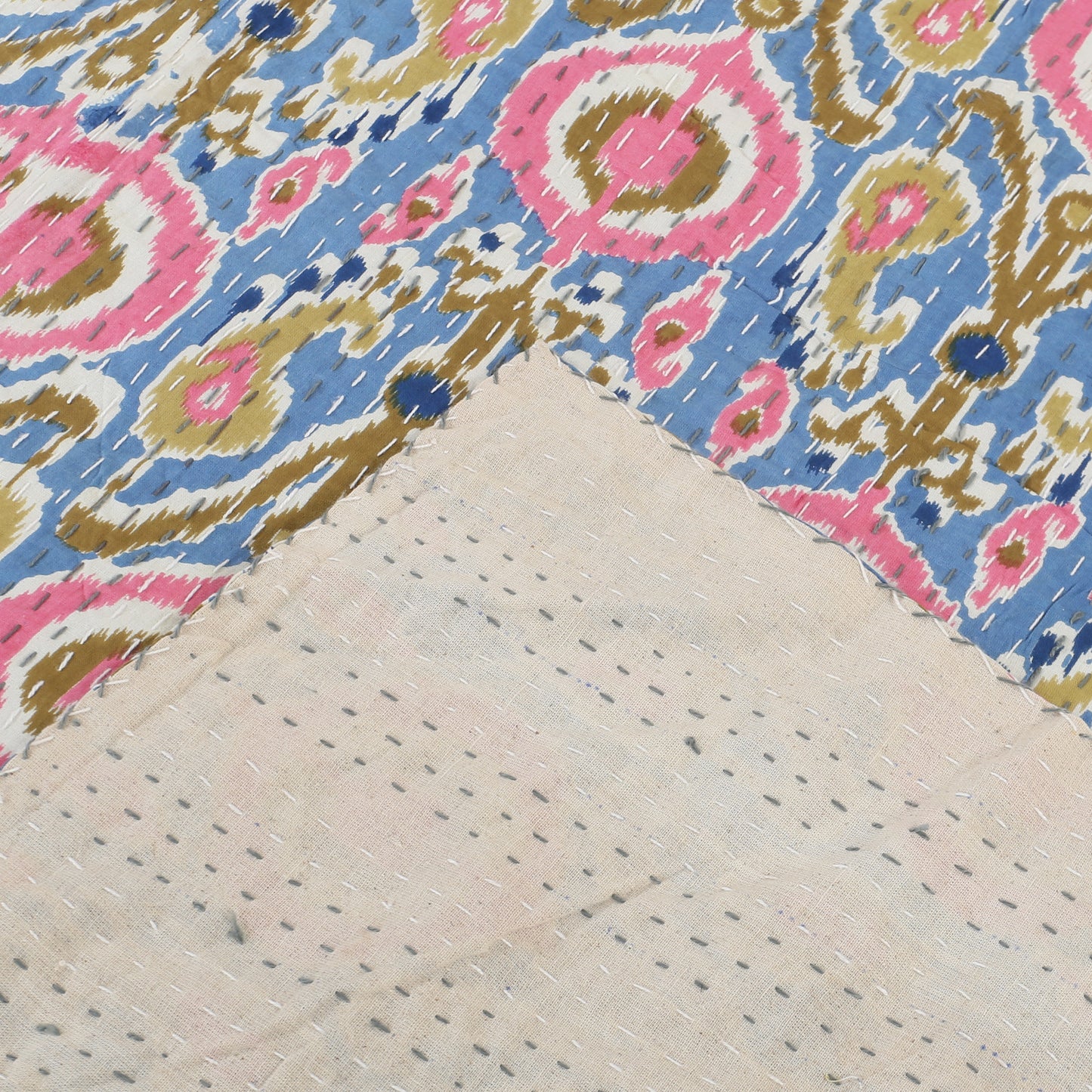 Hand Quilted Kantha Bedcover- Pink and Blue Ekat