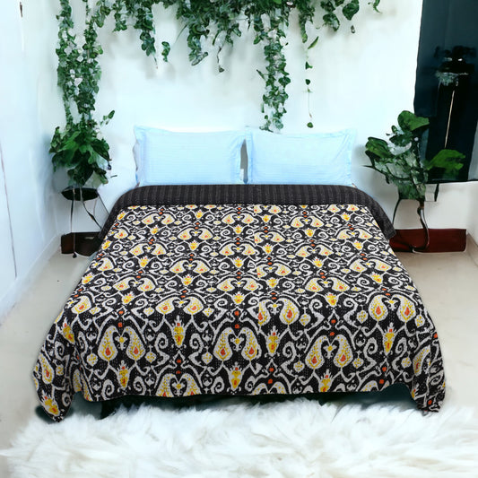 Hand Quilted Kantha Bedcover- Black and Yellow Ekat
