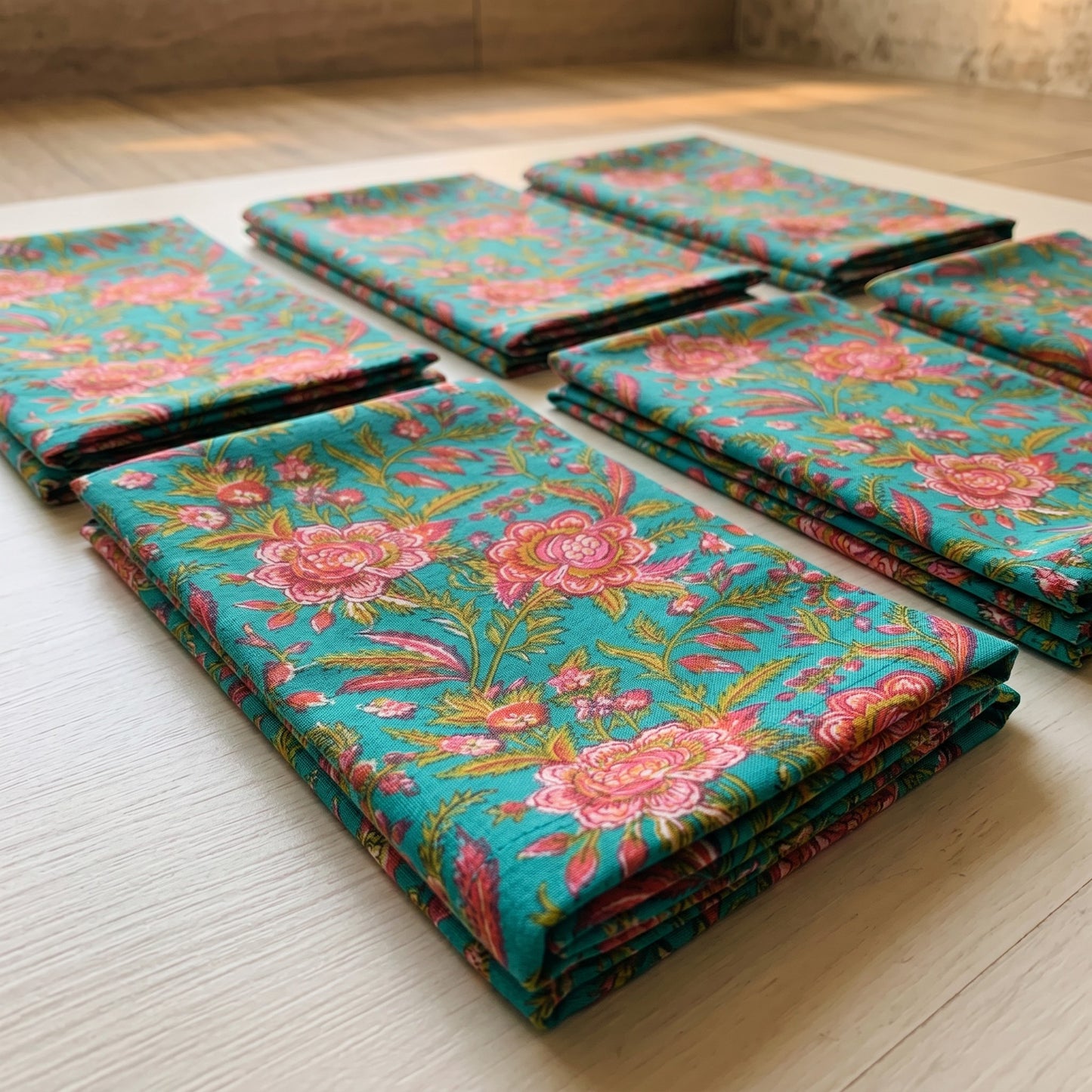 Green Floral Set of 6 Cotton Cambric Napkins