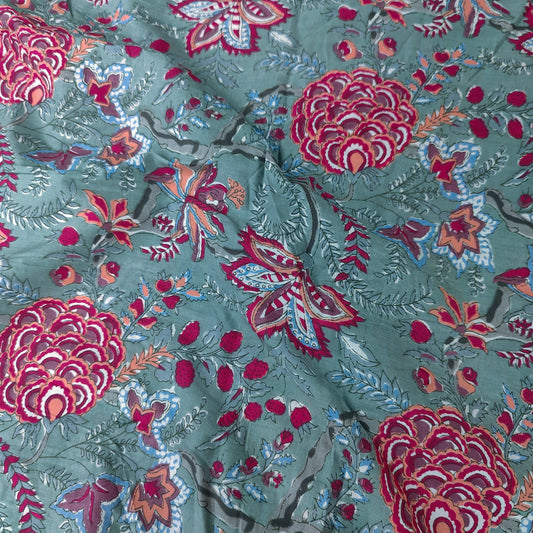 Grey and pink floral cotton cambric width 44 inches- Fabric per meter