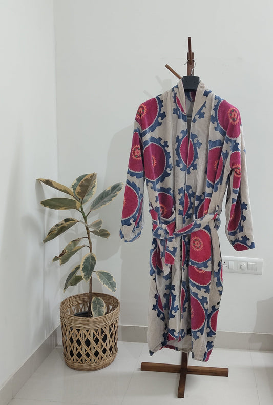 Cotton Velvet Kimono /Robe/Lounge Wear- Mandala inspired ivory