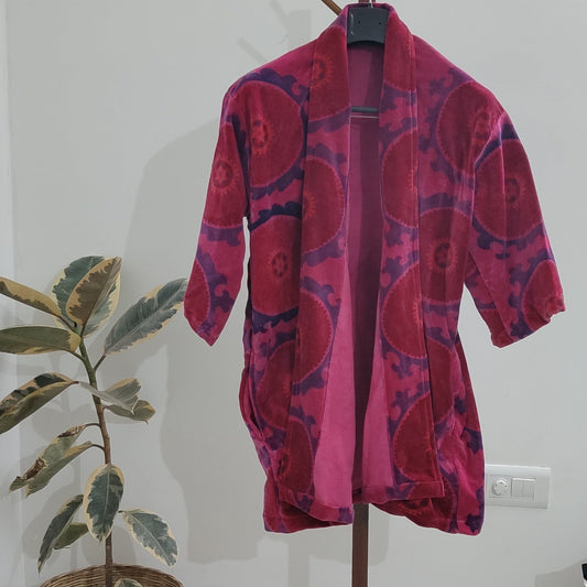 Short Cotton Velvet Kimono /Robe/Jacket - Mandala inspired pink
